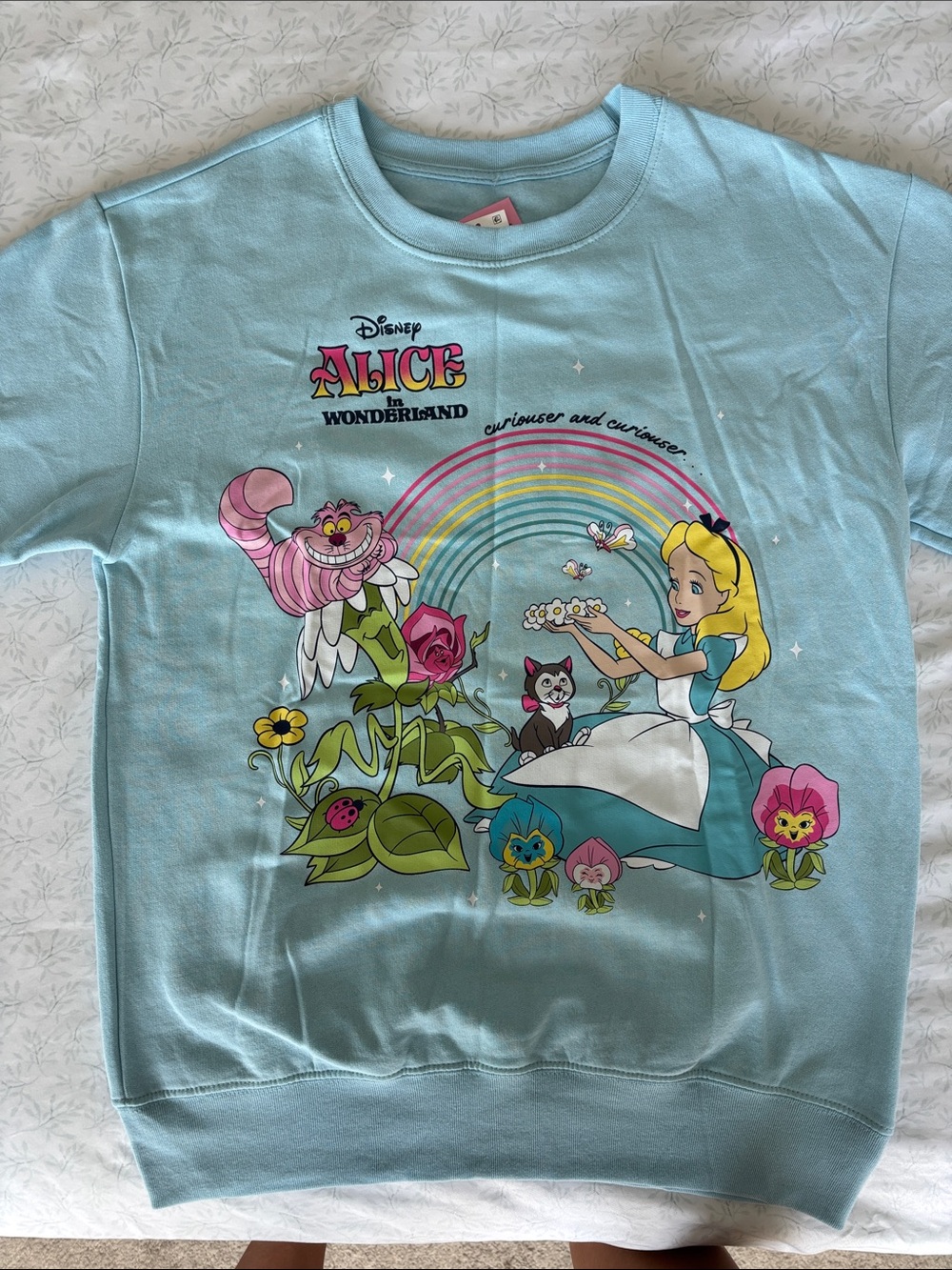 Disney Light Blue Alice in Wonderland Graphic Sweatshirt, size M
